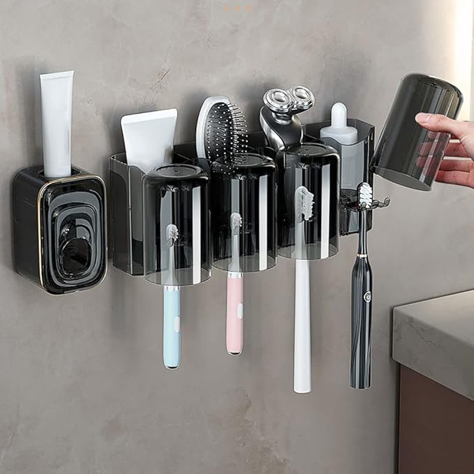 Toothbrush Rack Couple Toothbrush Holder Wall Mount Toothbrush Holder Bathroom Storage Rack with Mouthwash Cup, Toothpaste Squeezer Kit Bathroom Toothbrush Holder(B,Small)