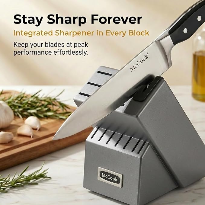 McCook Knife Set Sharp Kitchen Knife Block Set w Built-in Sharpener | German Forged Stainless Steel,20 PC,Anti-Rust,Triple Rivet,Restaurant Grade,Ergonomic Handle,Full Tang,Gift Box