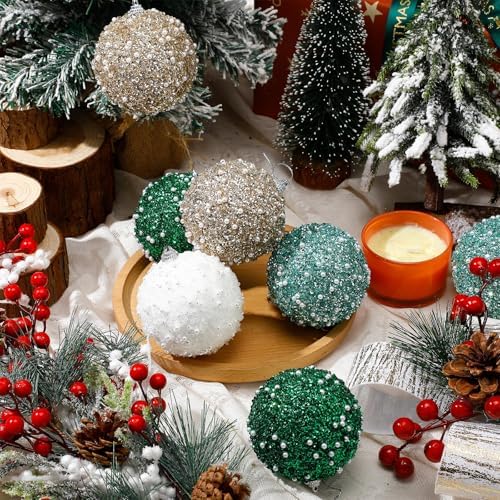 Lyrow 24 Pcs 3.15" Christmas Ball, White,Champagne Gold,Lake Blue,Green