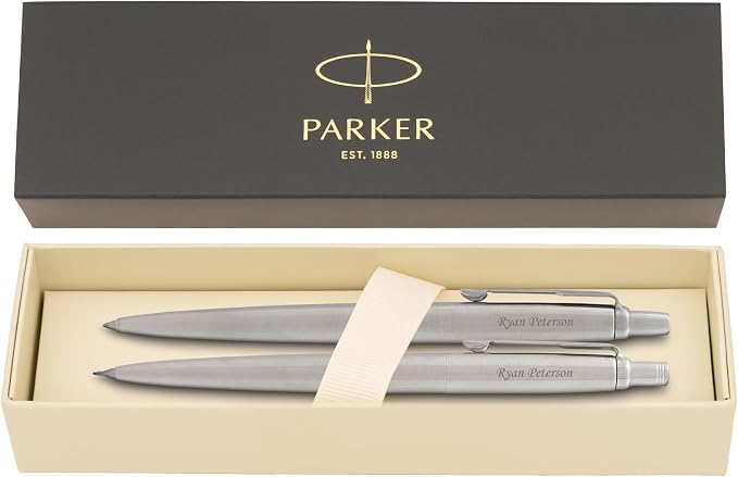 Parker Jotter Ballpoint Pen and Pencil Set, Stainless Steel with Arrow Clip, Custom Engraved — Graduation, Promotion, or Engineer and Architect Gift