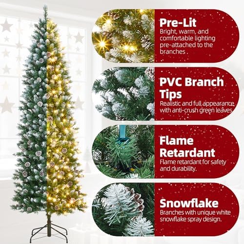 7.5ft Snow Flocked Artificial Pencil Christmas Tree, Unlit Slim Xmas Tree with Pine Cones, PVC Branch Tips Metal Stand, for Indoor Holiday Home/Office Decor