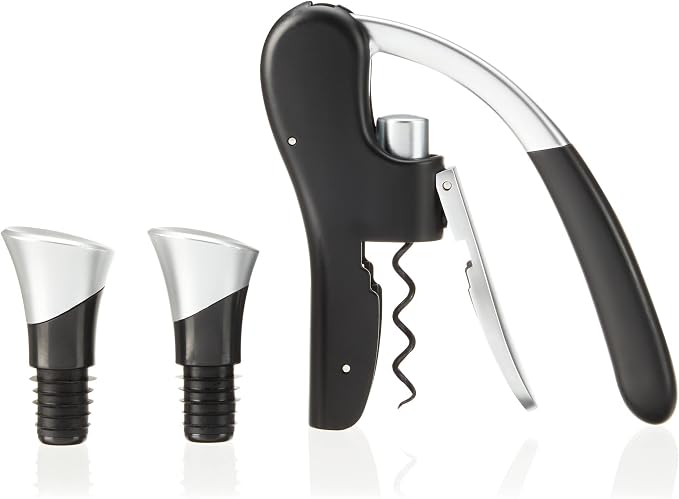 True Lever Corkscrew Manual Stoppers Top-Notch Cork Bottle Opener with Ergonomic Handle and Wine Preserver, Set of 3, Black