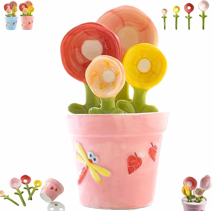 5pcs Ceramic Flower Pot Measuring Spoons and Cup Set, Cute Measuring Cups and Spoons Set for Milk Powder Sugar Salt Wet Dry Ingredients(Pink1set)