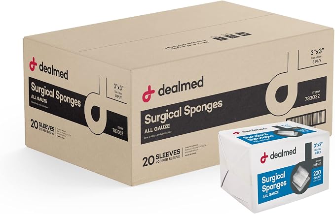 Dealmed 3" x 3" Surgical Sponges, 8-Ply, Non-Woven Absorbent Gauze Sponges for Wound Care, First Aid Kits and Medical Facilities, 200 Count (Case of 20)