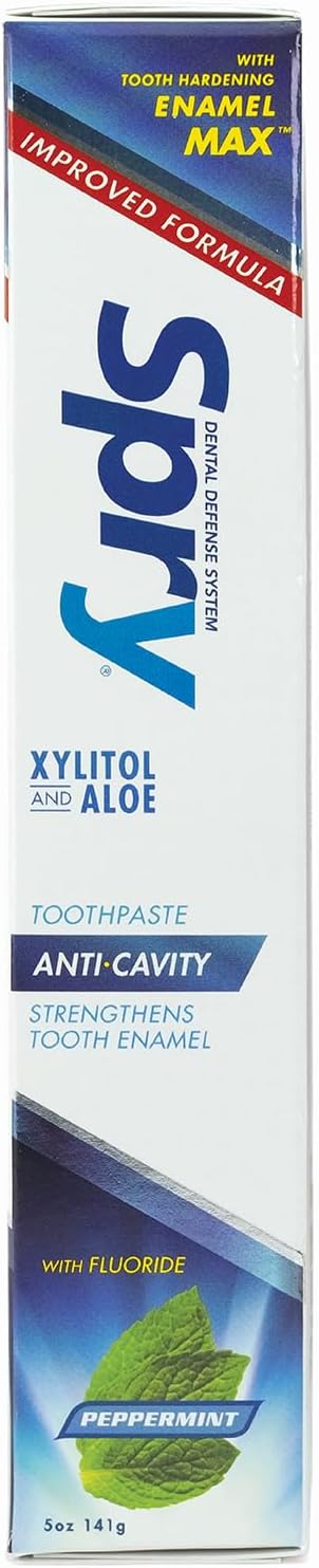 Spry Natural Xylitol Toothpaste 5oz for Adults and Kids with Fluoride, Gentle for Sensitive Teeth Whitening and Remineralizing, Breath Freshening, Mouth Moisturizing, Peppermint (Pack of 1)