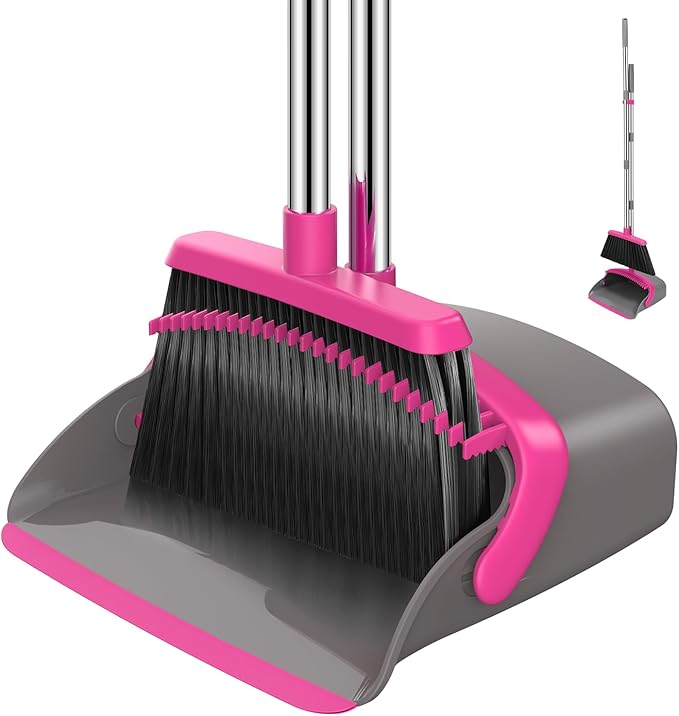 NACENA Broom and Dustpan Set, 52-in Long Adjustable Handle Broom Dustpan Combo with Dustpan Teeth to Automatically Clean Hair Suitable for Home Kitchen Office Hall Floor（Grey&Rose）