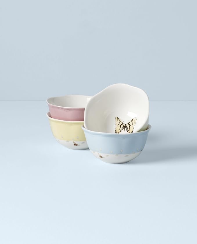 Lenox Butterfly Meadow Colors Porcelain 4-Piece Dessert Bowl Set, 8oz | Dishwasher safe | plates and bowls sets for kitchen and dining | 4.75 inch diameter | 8oz, gift for women