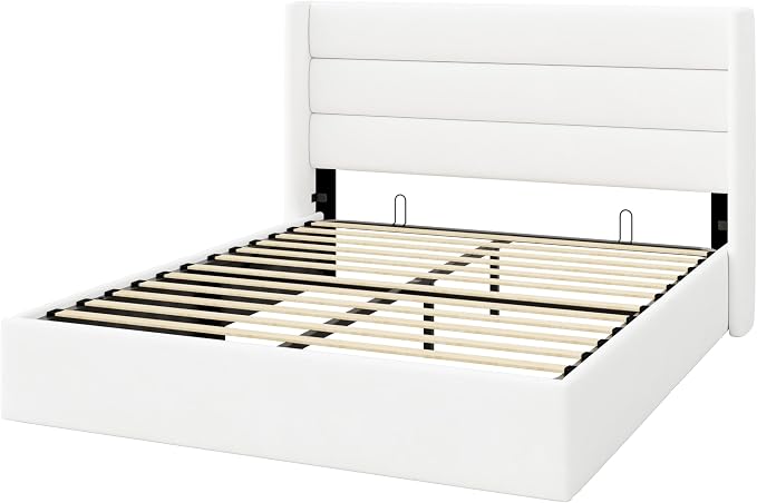 Allewie Full Size Lift Up Hydraulic Storage Bed Frame White | Modern Wingback Headboard, Hydraulic Support Storage, No Box Spring Needed