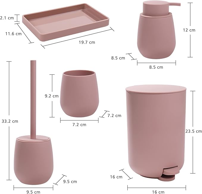 GAHEFY Pink Bathroom Accessories Set with Small Trash Can 3 Liter/0.8 Gallon,Toothbrush Holder,Soap Dispenser,Vanity Tray,Toilet Brush and Holder Pink 5PCS