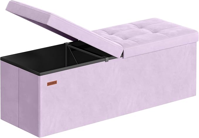 SONGMICS Velvet Storage Ottoman, Folding Storage Bench for Bedroom, Toy Chest, Ottoman Coffee Table, 15 x 43.3 x 15 Inch, Hibiscus Purple, Entryway Shoe Bench, MINOTA Collection ULSF078PE01