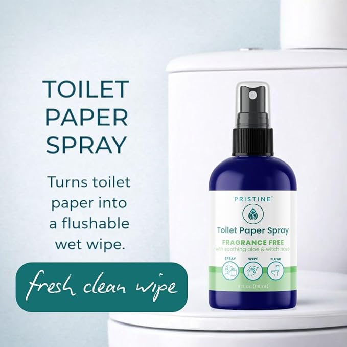 PRISTINE Toilet Paper Spray, As Seen on Shark Tank, Flushable Wipe Alternative, Personal Cleansing Bathroom Spray for Regular Toilet Tissue, Bidet Alternative, Made in USA, Fragrance Free, 4oz Bottle