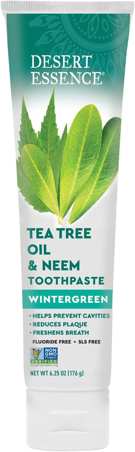 Desert Essence Tea Tree Oil and Neem Toothpaste, Wintergreen, 3 Pack | Three 6.25 oz tubes with baking soda and sea salt; fluoride-free, SLS-free, vegan and gluten-free