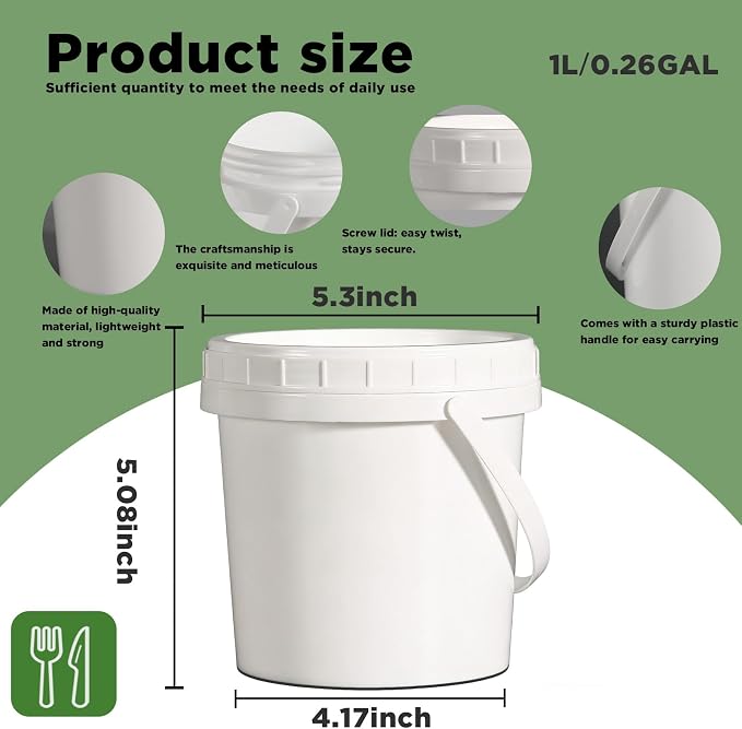 4 Pack 34oz Food Grade Plastic Buckets with Screw Lids & Handle, Reusable Storage Containers for Snacks, Salad, Sauce - White Freezer Safe Bucket Set