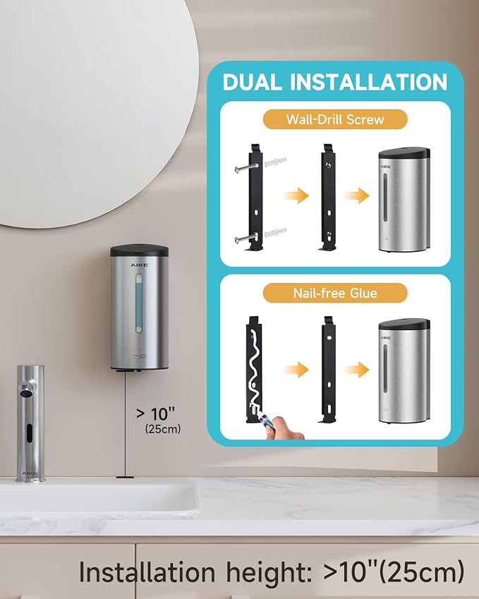 AIKE Automatic Liquid Soap Dispenser,25oz Capacity for Bathroom,Brushed | No-Drill and Screw Wall Mount Install Design for Space-Saving,4*AA batteries(Not Included) Ensure Long Standby,Model AK1205E