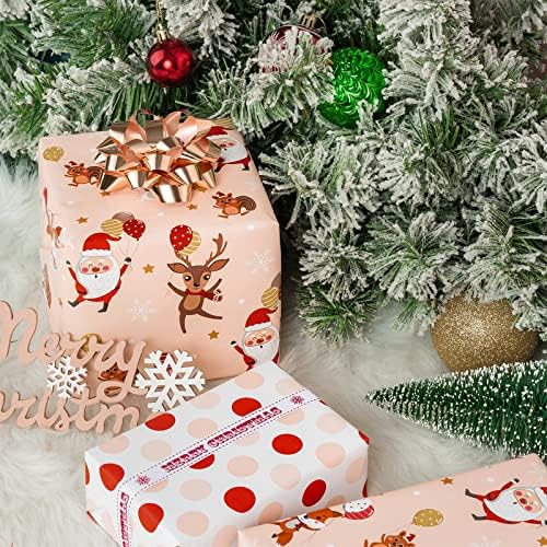 WRAPAHOLIC Reversible Christmas Wrapping Paper - Mini Roll - 17 Inch x 33 Feet - Red and Pink Dancing Santa Claus Reindeer and Colorful Polka Dots Design for Christmas, Holiday, Party