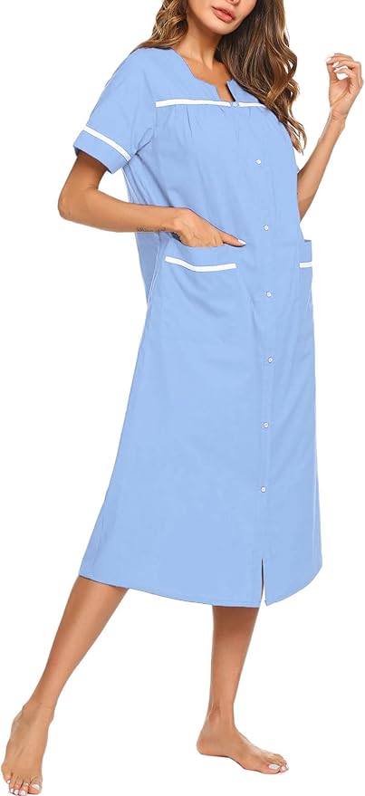 Ekouaer Womens Snap Front Dusters Cotton Housecoat Short Sleeve Nightgown House Dress With Pockets