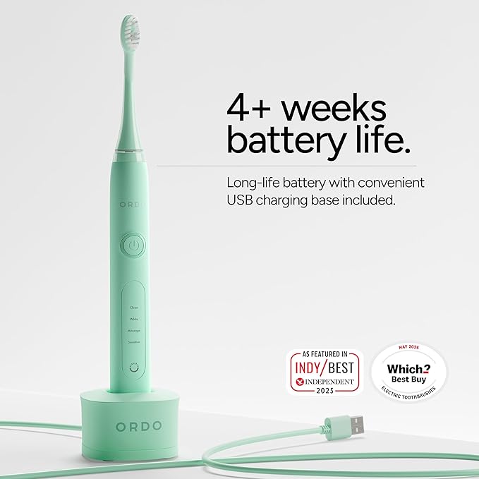 ORDO Sonic+ Electric Toothbrush for Adults, Advanced Smart Tech, 4 Brushing Modes, Fast Rechargeable, Sonic Toothbrushes Over 4 Weeks Battery Life, Silicone Polishing Element, USB Charger, Mint Green