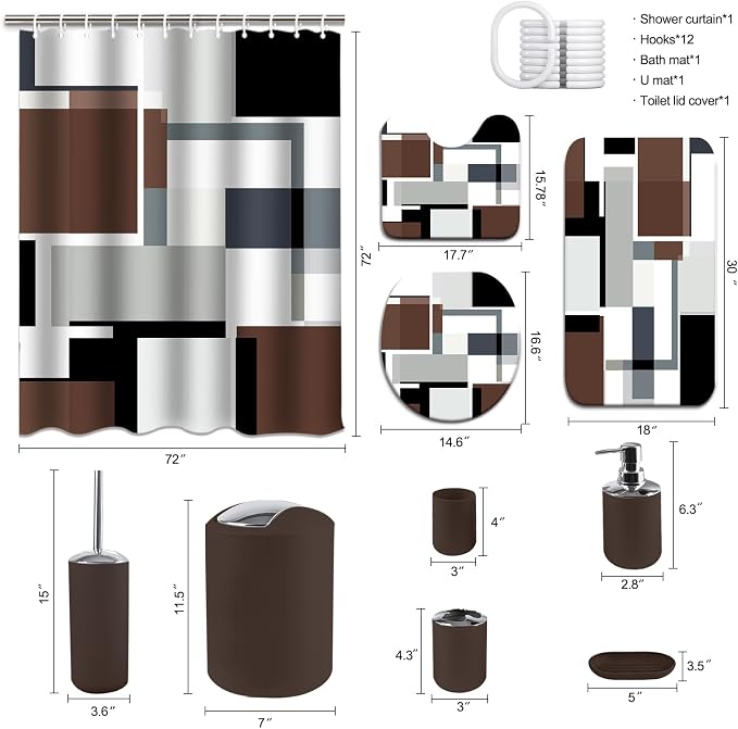 Lnond Brown Bathroom Set, 23-Piece Brown Geometric Bathroom Decor Set with with Shower Curtain and Rugs, Trash Can, Toilet Brush Holder Set & Soap Dispenser