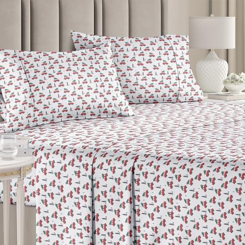 Cal King Christmas Cars Sheet Set - Holiday Xmas Pattern Linen Set - Deep Pockets - Snug Fit - 4 Piece - Wrinkle Free - Comfy & Cooling Bedding - Easy to Care for - Kid Friendly - by CGK Linens