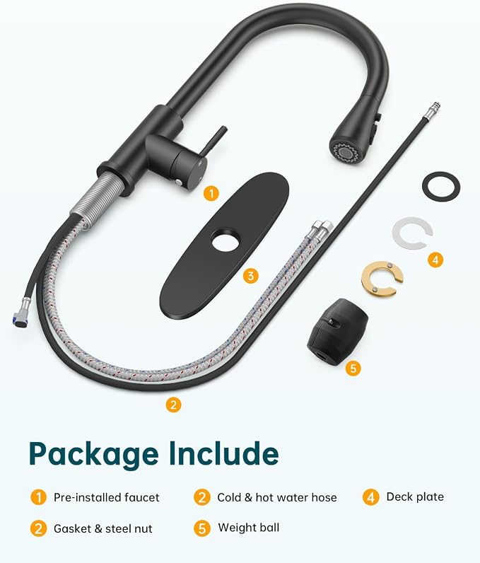 Hiqufet Kitchen Faucet, Pull Down Sprayer, Deck Plate, Matte Black | Easy Install, 360 Swivel, 3 Spray Modes, High Arc Spout, Fits 1- or 3-Hole Sinks, SUS304 Stainless Steel
