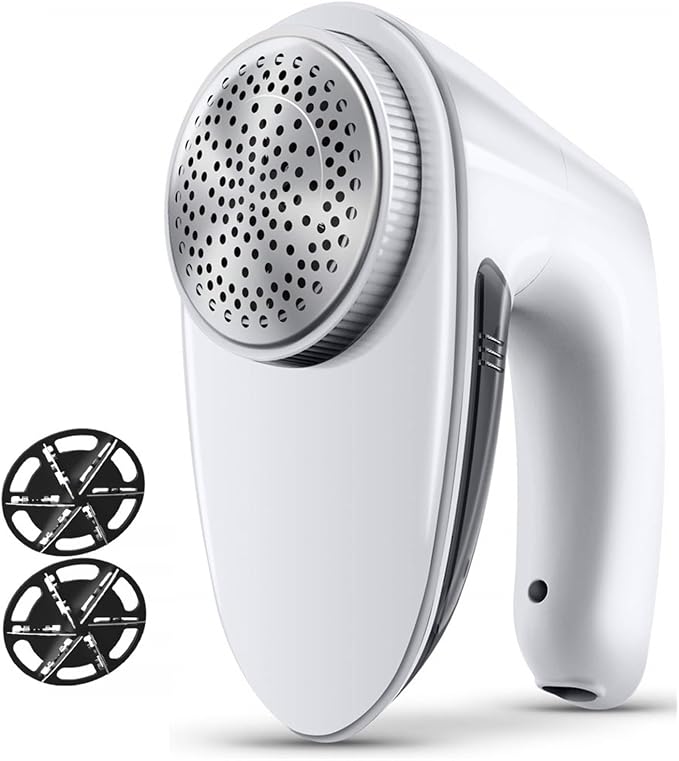 BAHREL Fabric Shaver Lint Remover - Fabric Defuzzer Electric Lint Fuzz Pills Remover with Quandruple Protection & 2 Replaceable 6-Leaf Blades, Sweater Defuzzer Remove Pilling (Color : White)