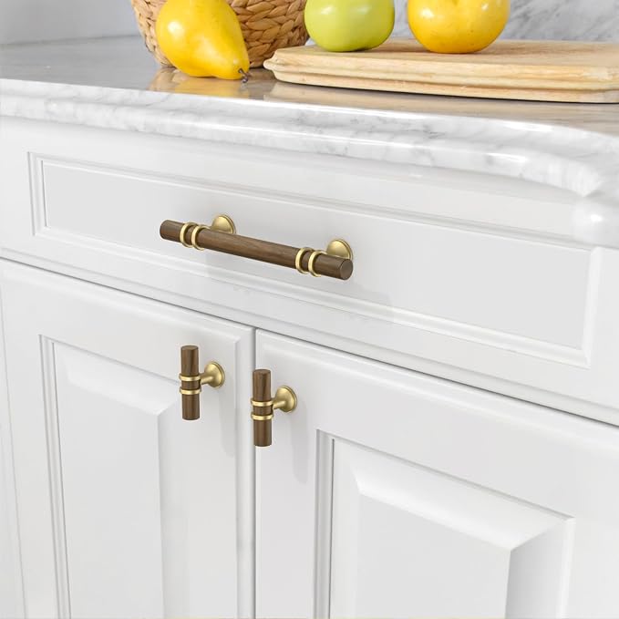 Asidrama 10 Pack 3.75 Inch(96mm) Wood and Gold Cabinet pulls Kitchen Cabinet Handles, Cabinet Pulls Kitchen Cabinet Hardware for Cupboard Drawer Pulls