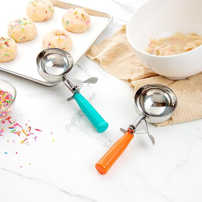 Restaurantware 6.5 Ounce Portion Scoop, 1 Trigger Release Stainless Steel Cookie Scoop - With Teal Handle, Stainless Steel Disher, For Portion Control, Cookie Dough, Cupcake Batter, Or Ice Cream
