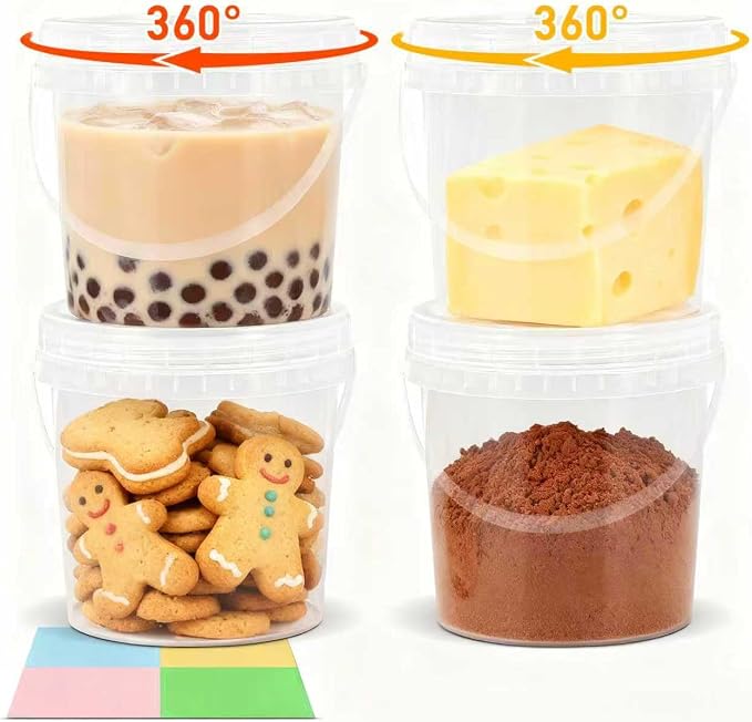 4Pack 34oz Clear Bucket with Lids - Plastic Food Storage Containers, Airtight Screw-On Lids - Freezer Safe Ice Cream Bucekts, Food Grade Reusable Containers for Kitchen