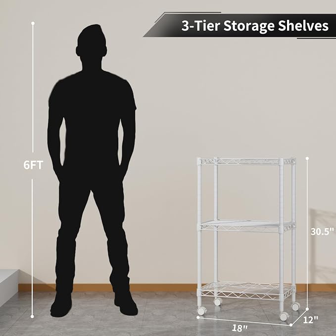 Golpart Small 3 Tier Shelves Storage Wire Shelving Unit Metal Shelf Adjustable Organizers Storage Shelving with Wheels for Bathroom Laundry Room Kitchen Pantry11.7”D x 17.7”W x 30.7”H White