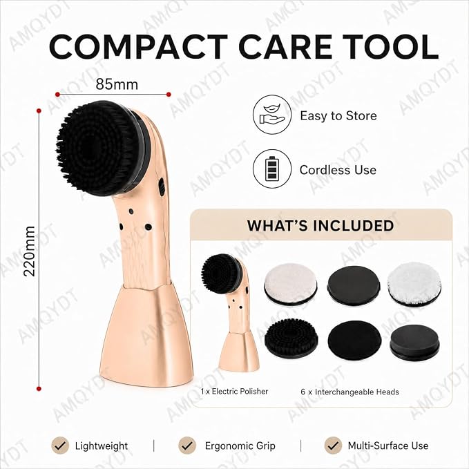 Handheld Electric Shoe Polisher, Rechargeable Shoe Shine Kit with 6 Brush Heads, Ergonomic Grip and Compact Storage Base for Cleaning and Polishing Leather Shoes, Bags, Boots and Upholstery