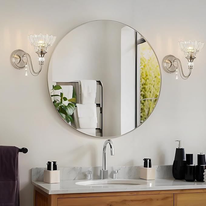 1 Piece Brushed Nickel Finish Wall Sconce, 1-Light Modern Wall Sconce with Hanging Crystal Accents and Flower-Shaped Clear Shades for Bathroom Bedroom Living Room,Modern Vanity Light