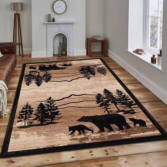 Rustic Cabin Bear Area Rugs 6x9 Feet Western Wildlife Print Carpet for Living Room Bedroom Under Table Non-Slip Black Bear Entryway Mat