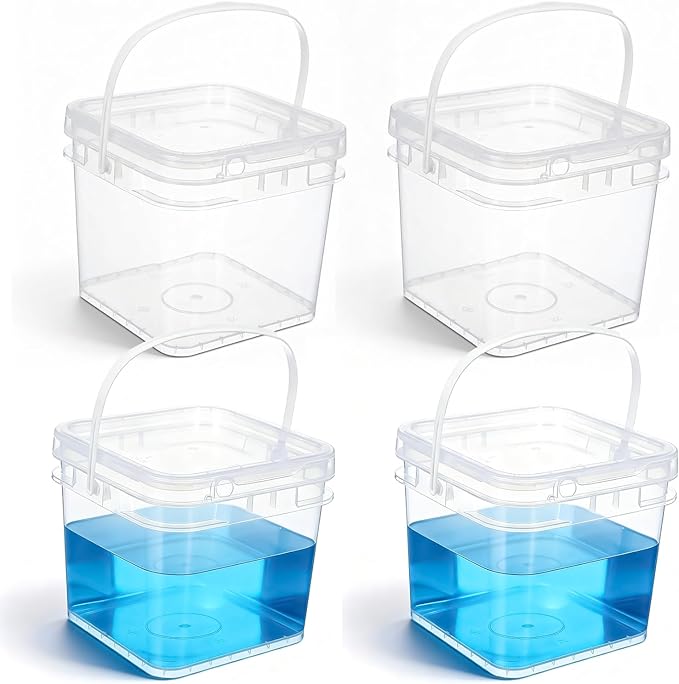 Bucket with Lid - 4 Packs Square Clear Plastic Storage Containers, Food Safe with Handle, Airtight Pressure Lids for Kitchen & Home(Clear, 68 oz)