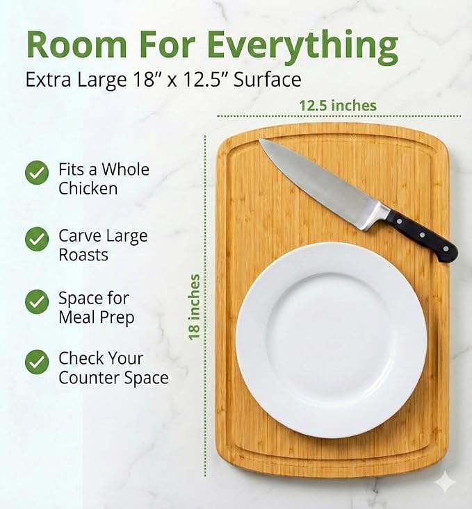 GREENER CHEF 18 Inch Extra Large Bamboo Cutting Board with Lifetime Replacements - Organic Wooden Butcher Block, XL Chopping Board for Kitchen, Meat, Vegetables, and Food Prep