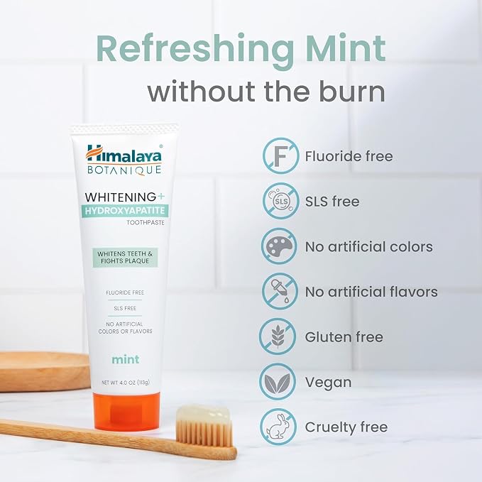 Himalaya Botanique Whitening Hydroxyapatite Toothpaste, Mint, 4 oz, 2 Pack | Nano Hydroxyapatite Toothpaste, Support Enamel Strength & Integrity,Great for Sensitive Teeth, Fluoride Free,SLS Free & Vegan