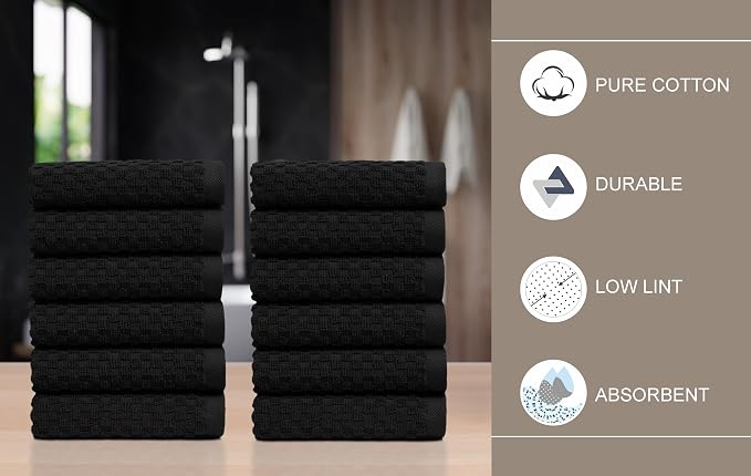 COTTON CRAFT Euro Spa Waffle Wash Cloth - Set of 12 Black Washcloth | Luxury Face Towel Set - 100% Cotton - Soft Plush Absorbent Low Lint Quick Dry - Gym Shower Beach Bath Kitchen - 12x12 inches
