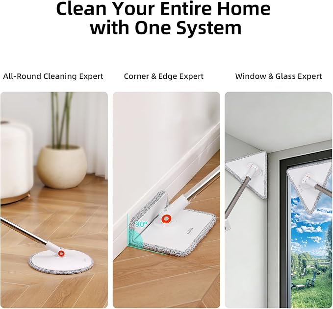 3-in-1 Spin Mop and Bucket Set with Clean Water Separation, 71” Extra Long Handle for Wall Cleaning, 3 Specialized Heads for Baseboards & Corners, 6 Microfiber Refills for Hardwood Floor Care