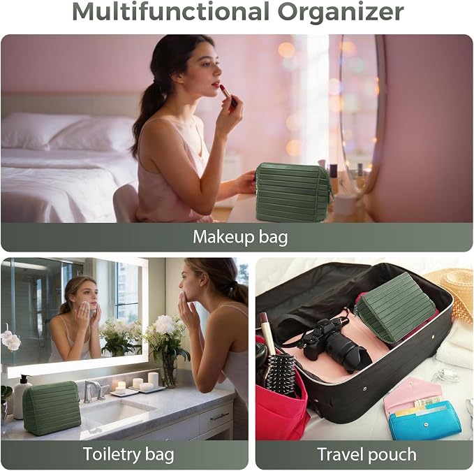 Travel Makeup Organizer Bag with Fold-Down Design and Adjustable Dividers, 27 Pockets & 3 Brush Storage Holders, Large Capacity Cosmetic Bags Toiletry Case - Dark Green