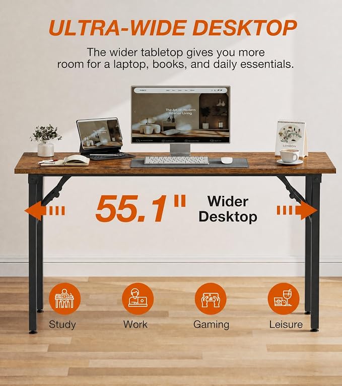 XBurmo Folding Desk Foldable Table, No Assembly 55.1" Foldable Desk Space-Saving Workstation for Small Space, Computer Table, Flat Storage for Home Office, Bedroom, Dorm, Study Room, Rustic Brown