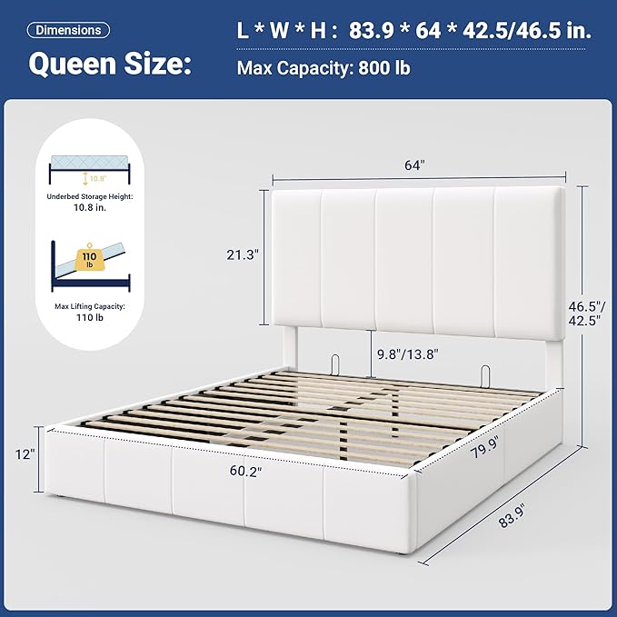 Allewie Queen Size Velvet Lift Up Hydrualic Storage Bed Frame, White | Vertical Channel Tufted Headboard, Hydrualic Underneath Storage, Upholstered Platform Bed, No Box Spring Needed