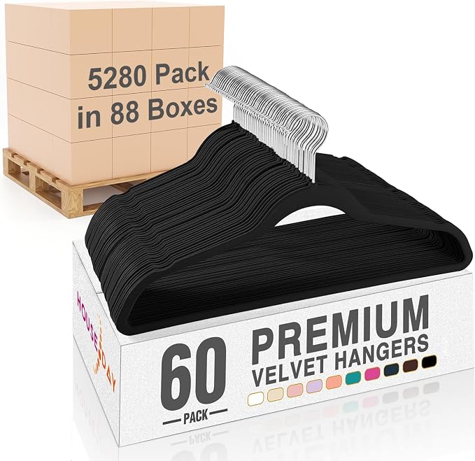 HOUSE DAY Black Velvet Hangers 5280 Pack (88 Cases, 60P/Case) Pallet Package for Small Business, Non Slip Clothes Felt Hanger Heavy Duty for Coat, Premium Slim Space Saving Suit Hangers