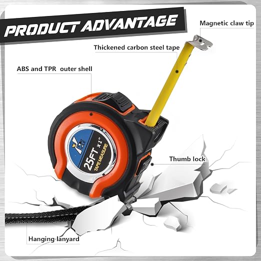 Youyole 10 Pack Tape Measure with Fractions 1/8 Steel Measuring Tape Retractable Easy Read Measurement Ruler Steel Power Blade (25 ft X 1 in,Orange)