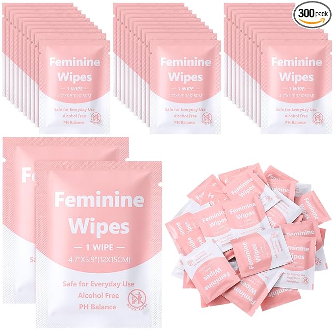 300 Pieces Bulk Feminine Wipes Individually Wrapped Travel Size Women Unscented Intimate Period Cleansing Wipes Deodorant Feminine Products Care Kits Private Parts Ph Balanced(Pink)