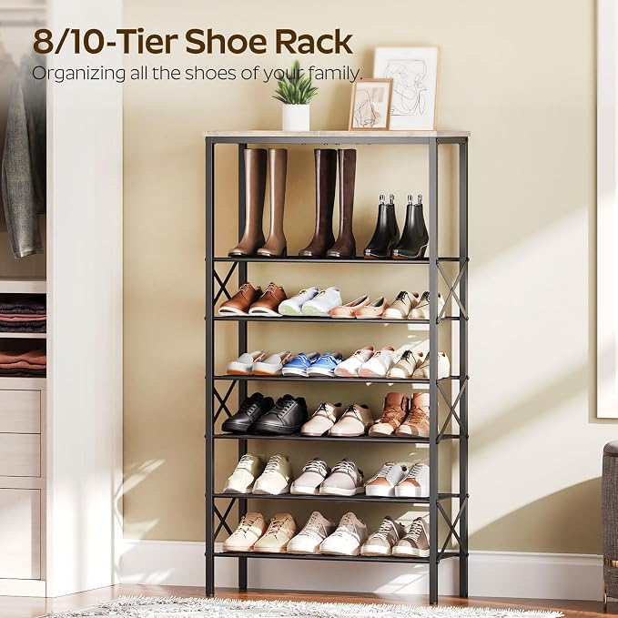 YATINEY 8 Tier Shoe Rack, Shoe Storage Organizer, Large Capacity Shoe Shelf Holds 32 Pairs of Shoes, Sturdy and Stable, for Entryway, Hallway, Closet, Dorm Room, Greige and Black SS08BG