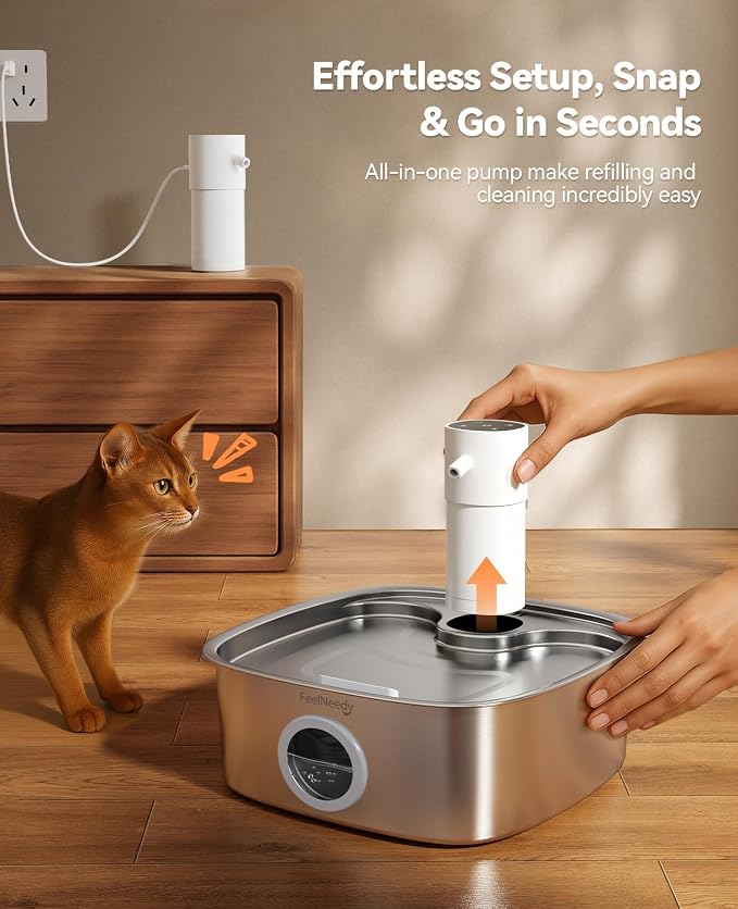 Cordless Wider Tray Dog Water Fountain, 5000mAh Battery Operated Dog Water Bowl Dispenser with 3 Motion Sensor, FEELNEEDY Stainless Steel Pet Water Fountain for Multi-Pets, Easy Setup & Clean, 8L