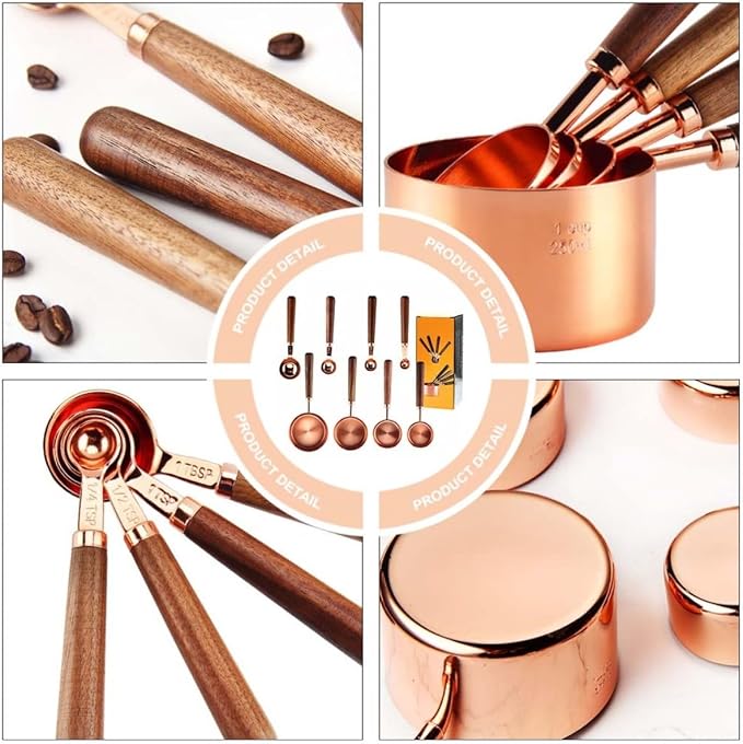Healeved Measuring Spoon and Cup Set and Stainless Steel Construction 8pcs with Walnut Handle Double Graduated Units, Easy to Use and Clean, for Cooking and Baking