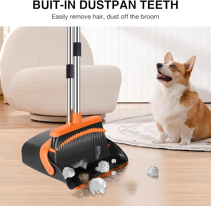 NACENA Broom and Dustpan Set, 52-in Long Adjustable Handle Broom Dustpan Combo with Dustpan Teeth to Automatically Clean Hair Suitable for Home Kitchen Office Hall Floor（Black&Orange）