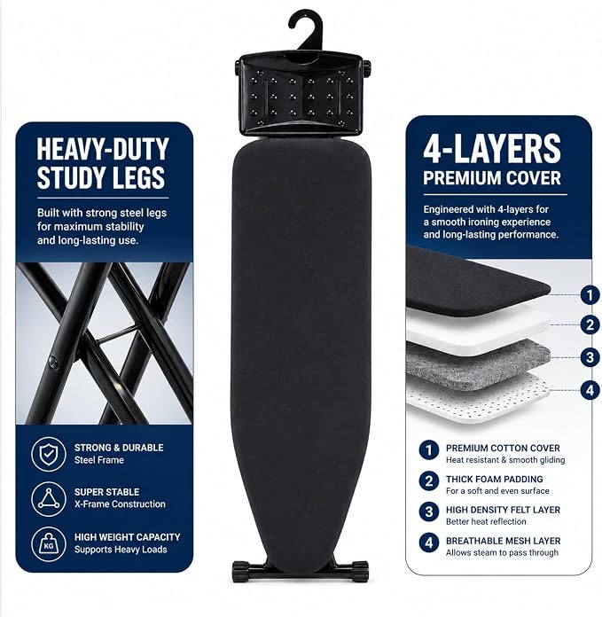 Ironing Board Metal Panel Iron Board 53" x 13.5", 7mm Thick Heat & Scorch Resistant Pad Full Metal Construction Ironing Board with Smart Hanger & 7 Adjustable Heights Compact and Space Saving