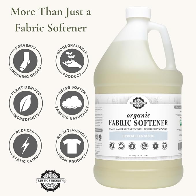 Rustic Strength Unscented Fabric Softener, Plant Based, Gallon Plastic | Softens fabrics naturally with no harsh chemicals,No unnecessary additives,dyes, or fillers,Works in all machines
