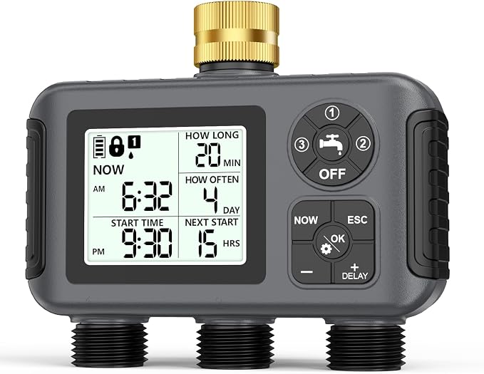 Insoma Water Timer with Brass Inlet, 3 Independent Zones Outdoor Hose Timer for Garden Faucet with Auto/Manual/Rain Delay Mode, IPX5 Waterproof, Sprinkler Irrigation Controller for Yard Lawn